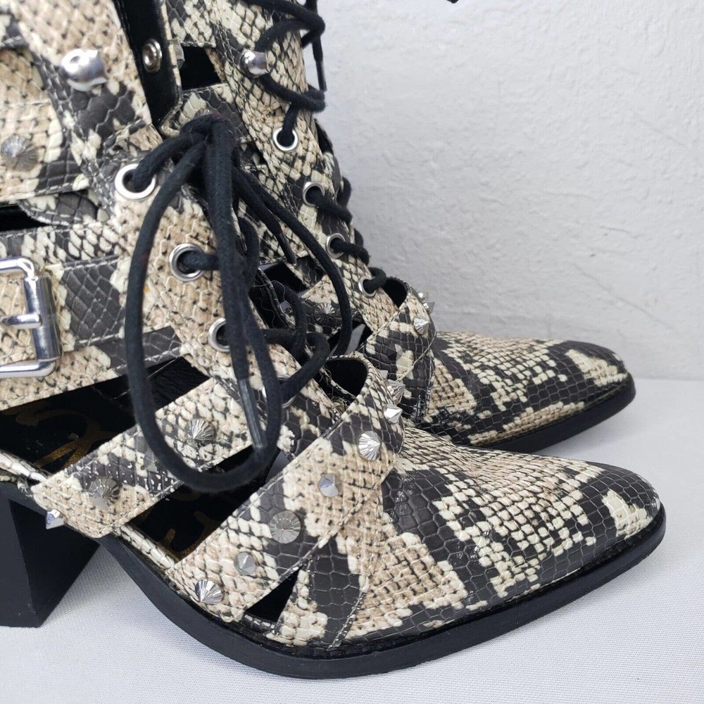 Sam Edelman Elana Boots Studded Snake Print Cagged Lace Up Heel Booties - Picture 4 of 14